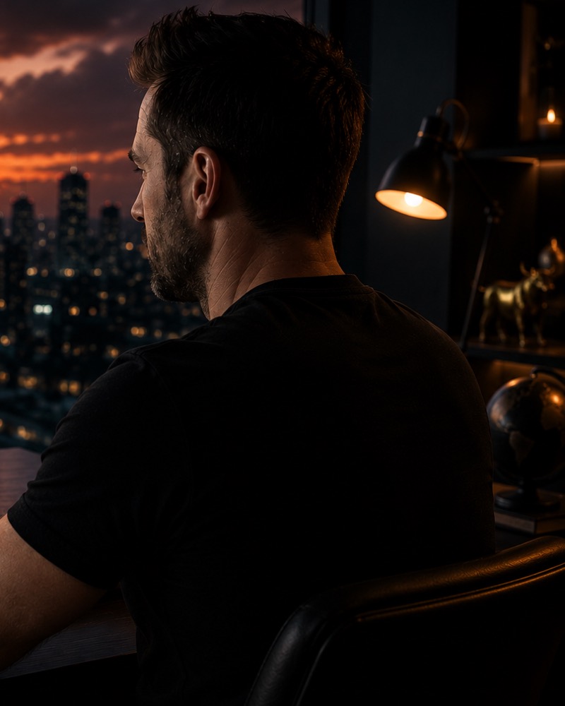 Darrell Stout at his desk at dusk, looking out over a city skyline